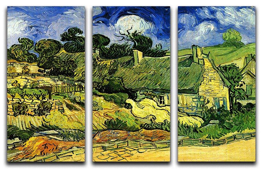 Three-panel canvas print of Van Gogh's Thatched Cottages at Cordeville, showcasing vibrant colors and intricate details.