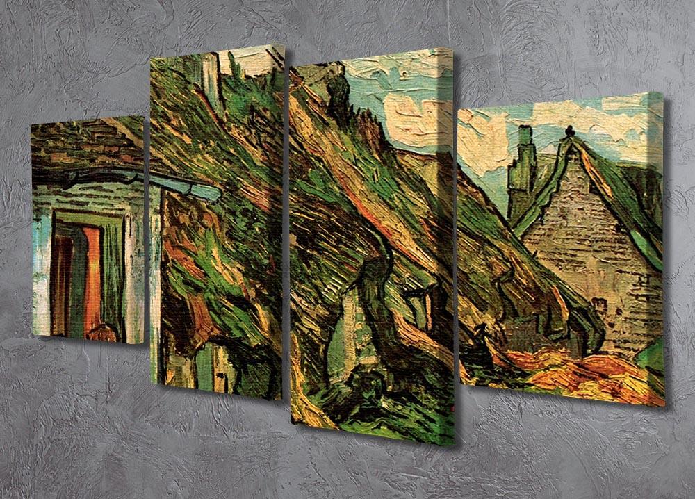 A beautiful 4-split panel artwork featuring Thatched Sandstone Cottages in Chaponval by Van Gogh, showcasing vibrant colors and intricate details.