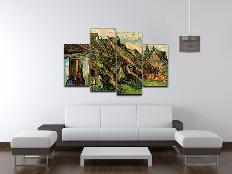 A beautiful 4-split panel artwork featuring Thatched Sandstone Cottages in Chaponval by Van Gogh, showcasing vibrant colors and intricate details.