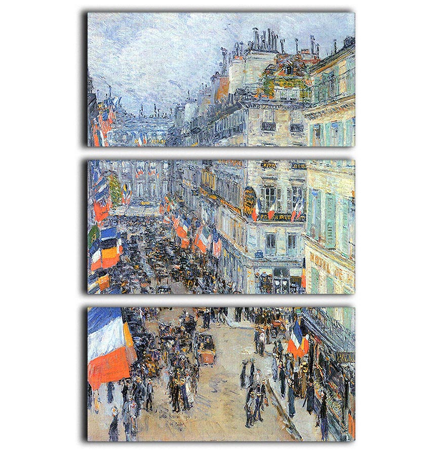 The 14th July Rue Daunou by Hassam 3-panel canvas print showcasing vibrant colors and elegant design.