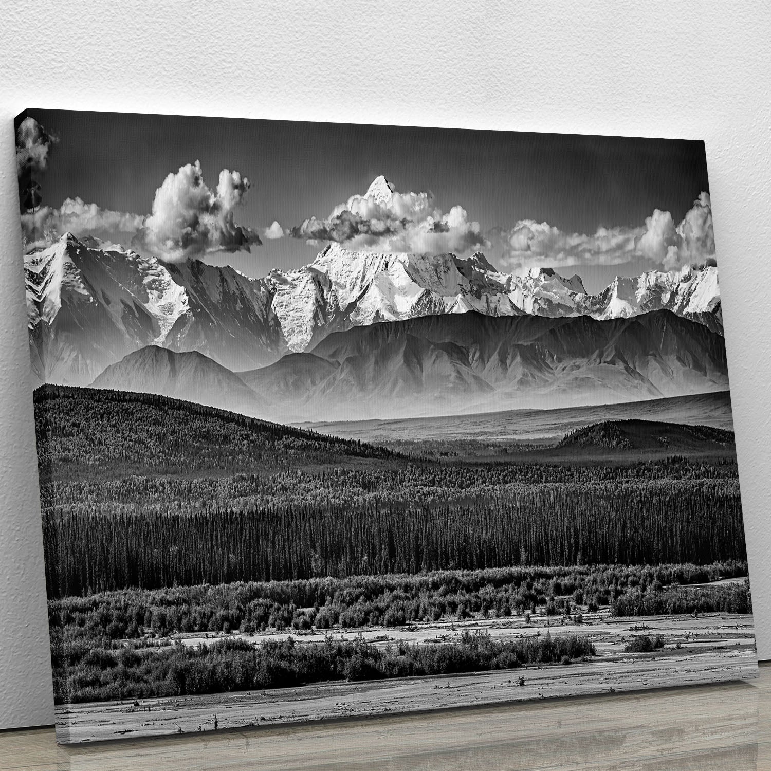 A beautiful canvas print of the Alaskan Range showcasing majestic mountains and serene landscapes in vibrant colors.