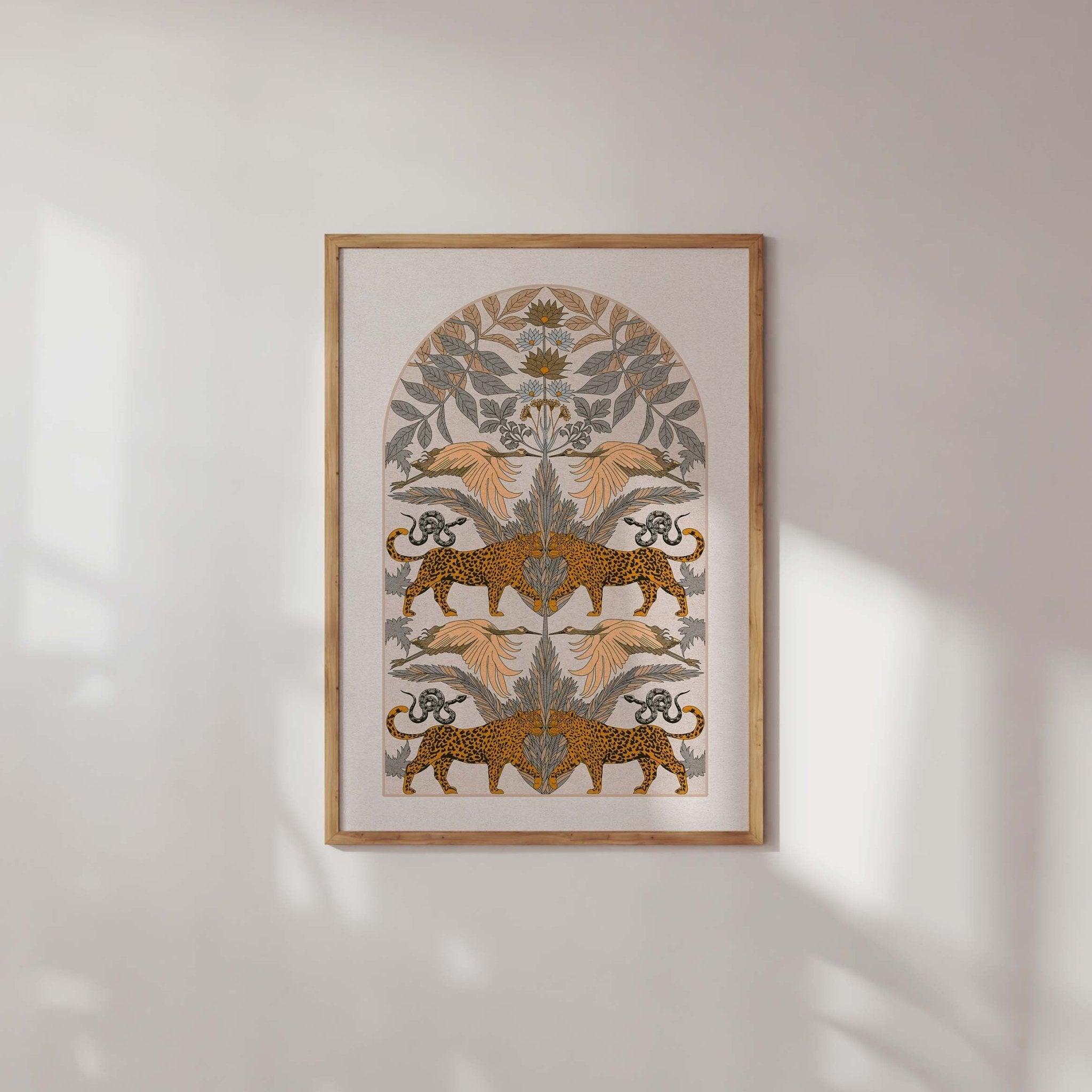 The Animals Art Print featuring leopards, snakes, cranes, leaves, and flowers in intricate patterns.