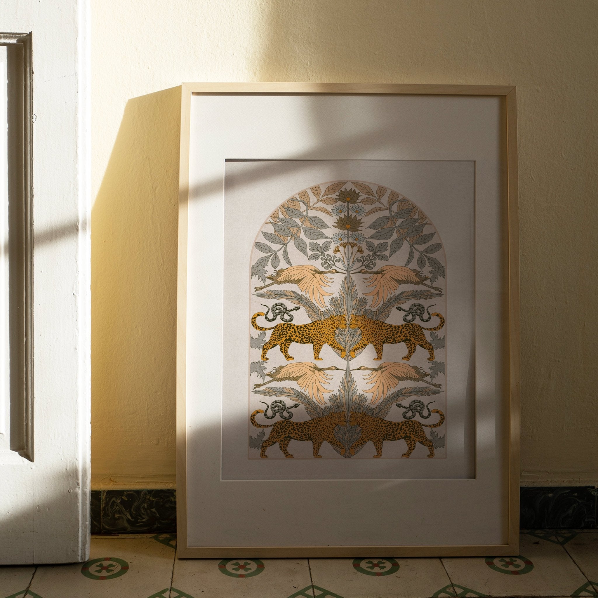 The Animals Art Print featuring leopards, snakes, cranes, leaves, and flowers in intricate patterns.