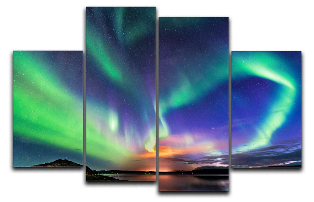 A beautiful 4-split canvas artwork depicting the aurora borealis in Iceland, showcasing vibrant greens, blues, and purples.