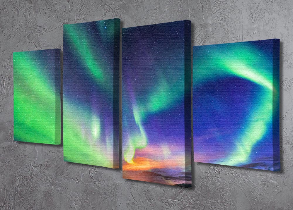 A beautiful 4-split canvas artwork depicting the aurora borealis in Iceland, showcasing vibrant greens, blues, and purples.
