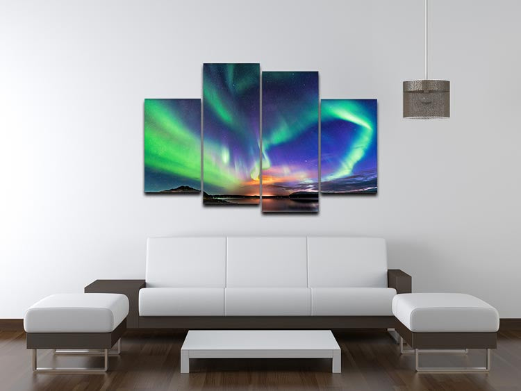 A beautiful 4-split canvas artwork depicting the aurora borealis in Iceland, showcasing vibrant greens, blues, and purples.