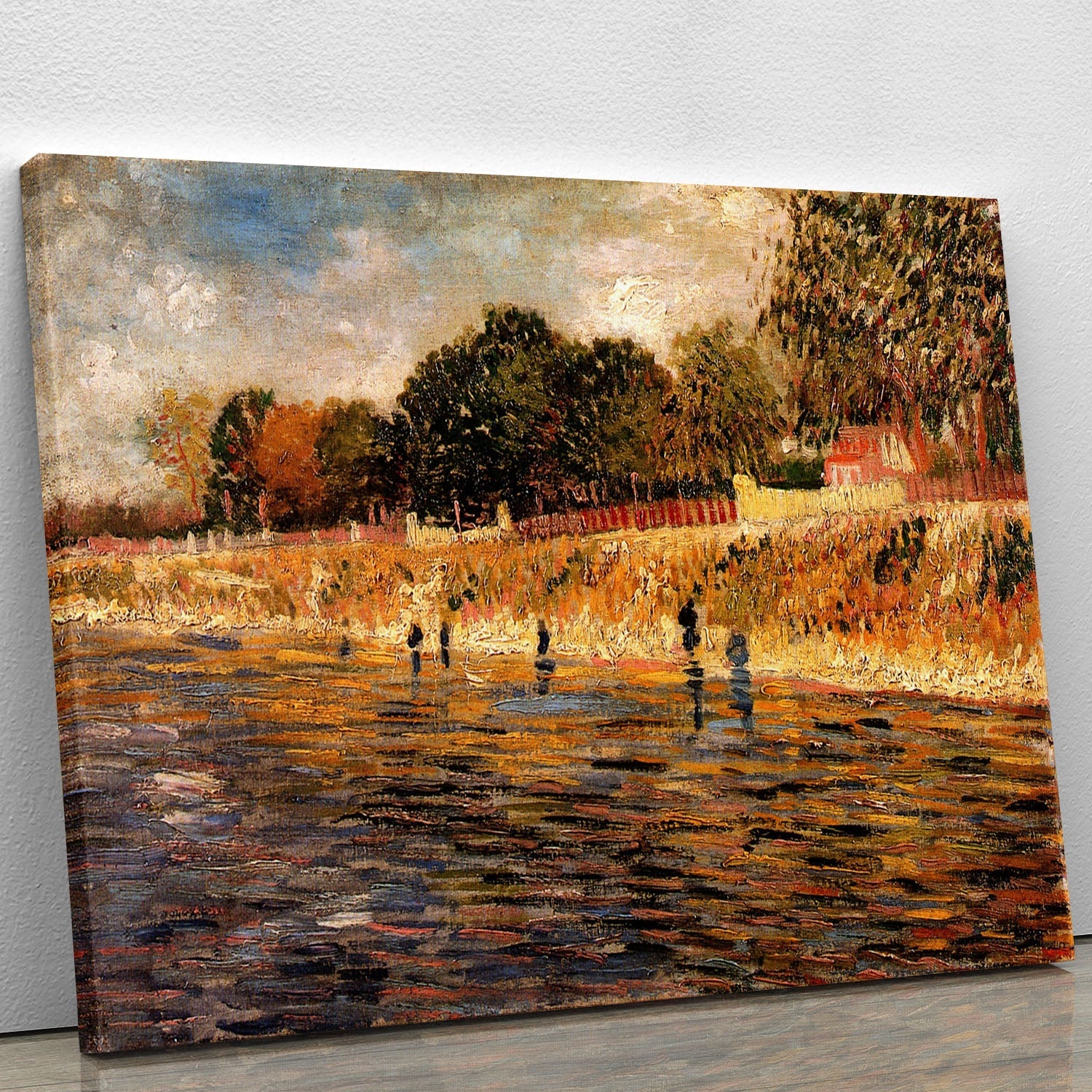 A vibrant canvas print of The Banks of the Seine by Van Gogh, showcasing the iconic swirling colors and brushstrokes characteristic of the artist's style.