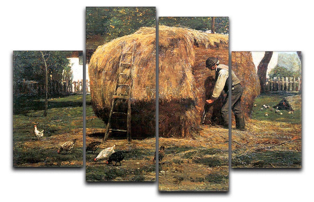 The Barnyard by Hassam 4 Split Panel Canvas artwork featuring a rustic barnyard scene divided into four panels.