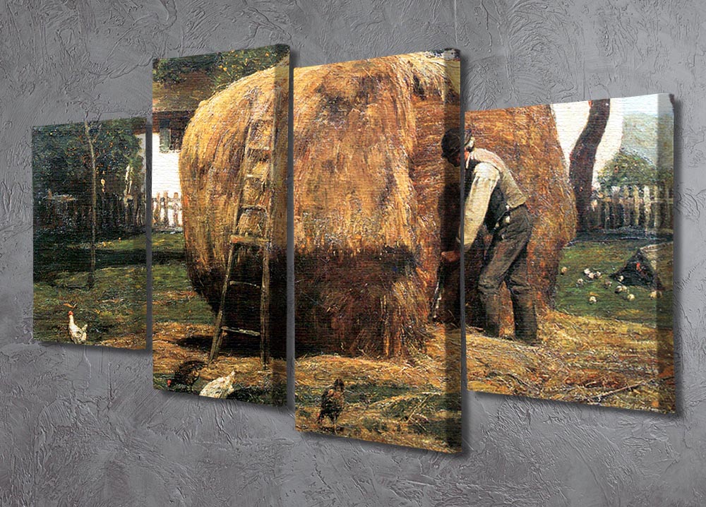 The Barnyard by Hassam 4 Split Panel Canvas artwork featuring a rustic barnyard scene divided into four panels.