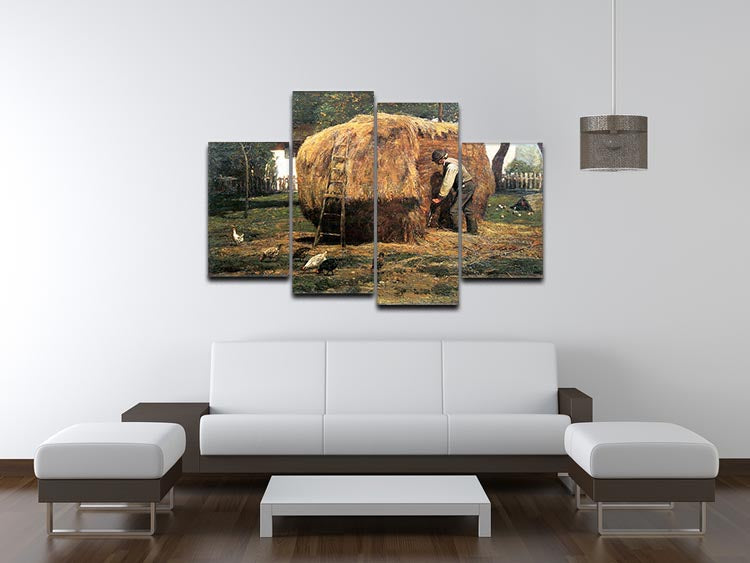 The Barnyard by Hassam 4 Split Panel Canvas artwork featuring a rustic barnyard scene divided into four panels.