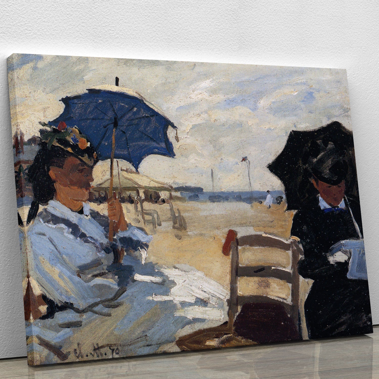 Canvas print of The Beach at Trouville by Monet, showcasing a vibrant beach scene with sunbathers and the beautiful Trouville coastline.
