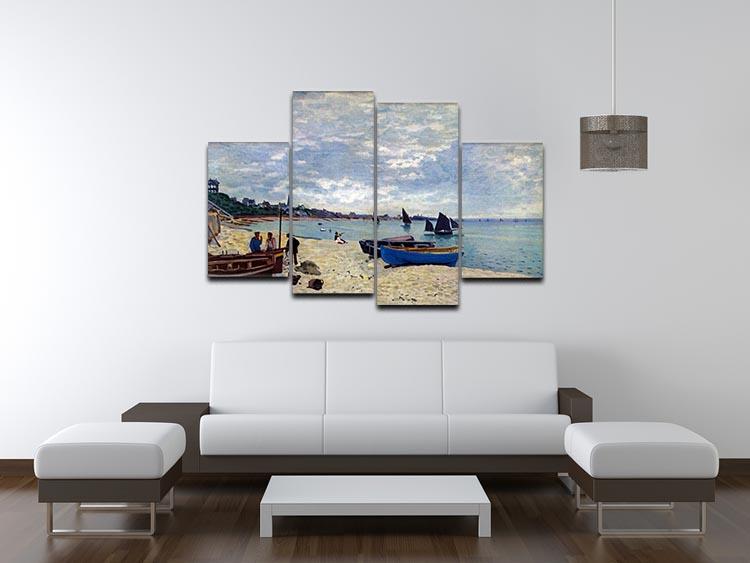 The Beach at Sainte Adresse 2 by Monet, a 4-split canvas artwork showcasing a serene beach scene in vibrant colors.