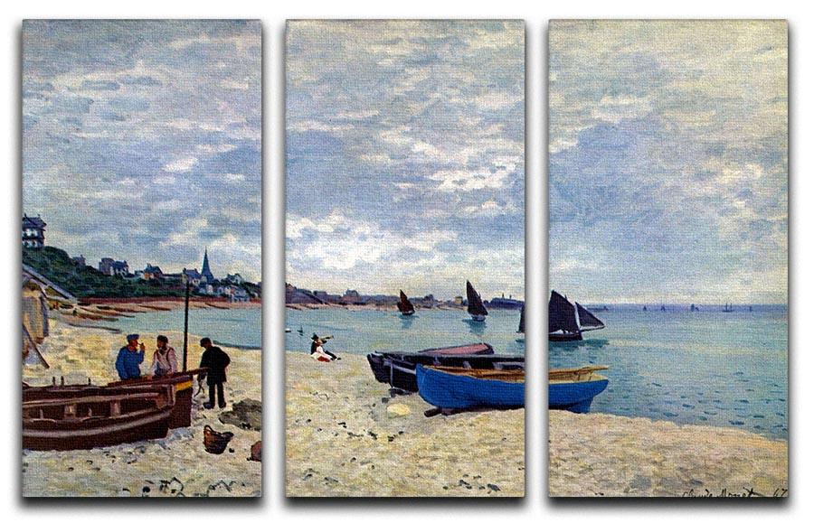 Three-panel canvas print of Monet's The Beach at Sainte Adresse 2, showcasing vibrant colors and intricate details.