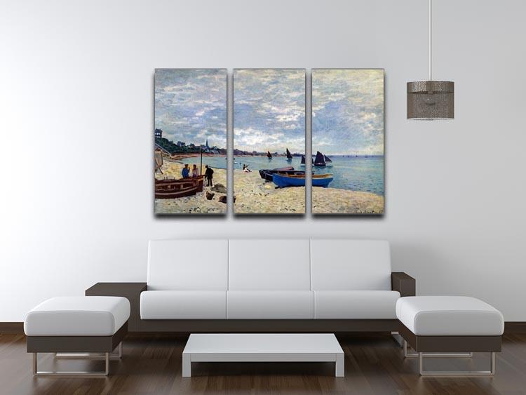 Three-panel canvas print of Monet's The Beach at Sainte Adresse 2, showcasing vibrant colors and intricate details.