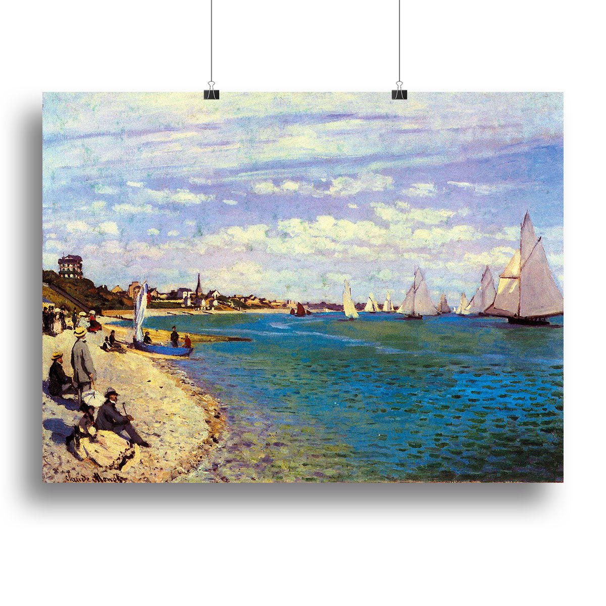 Canvas print of The Beach at Sainte Adresse by Monet, showcasing a serene beach scene with vibrant colors and soft waves.
