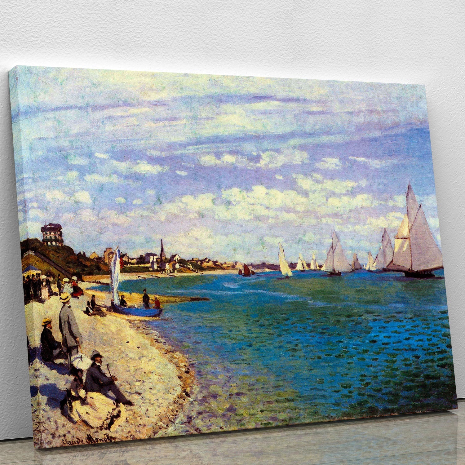 Canvas print of The Beach at Sainte Adresse by Monet, showcasing a serene beach scene with vibrant colors and soft waves.