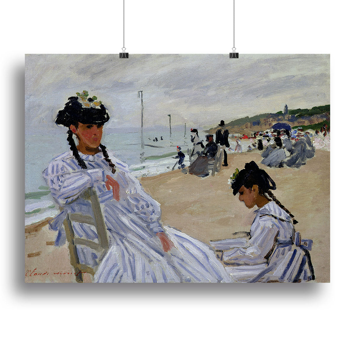 Canvas print of The Beach at Trouville by Monet, showcasing vibrant beach scene with sunbathers and sailboats.