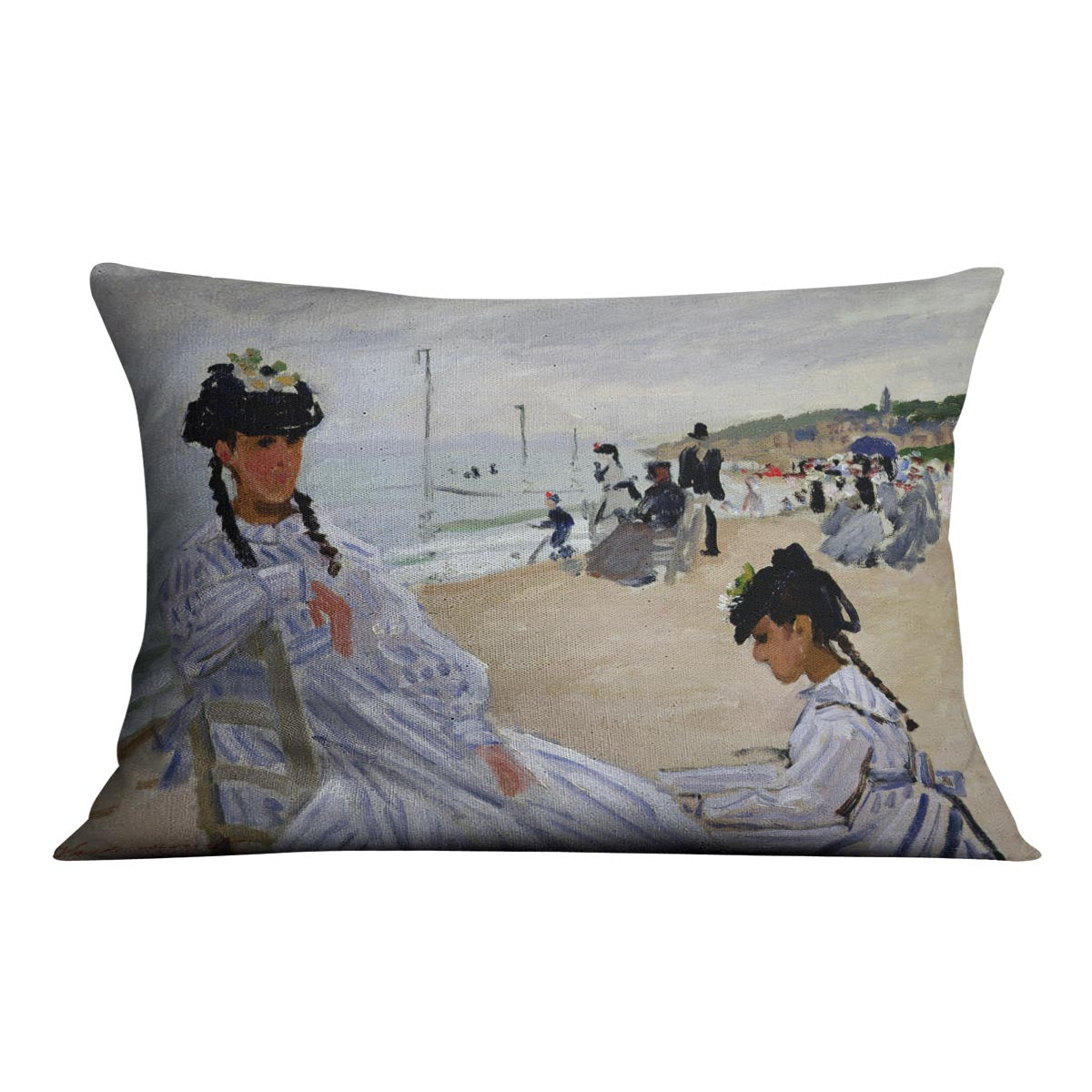 A vibrant cushion featuring Monet's The Beach at Trouville design, made from luxurious vegan faux suede with plump filling.