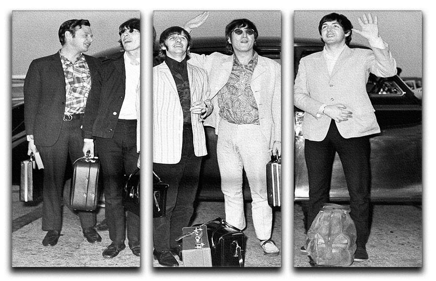 A stunning 3-panel canvas featuring The Beatles and Brian Epstein at London Airport, showcasing vibrant colors and intricate details.