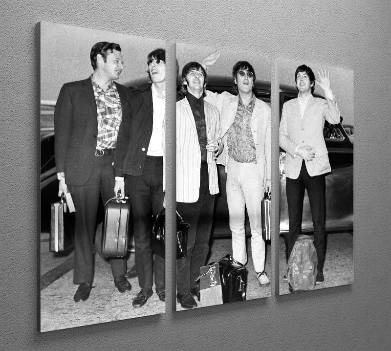 A stunning 3-panel canvas featuring The Beatles and Brian Epstein at London Airport, showcasing vibrant colors and intricate details.