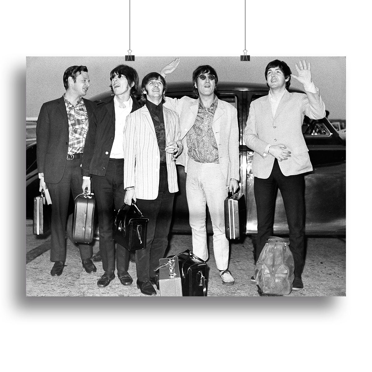 Canvas print of The Beatles and Brian Epstein at London Airport, showcasing iconic musicians in a vintage style.