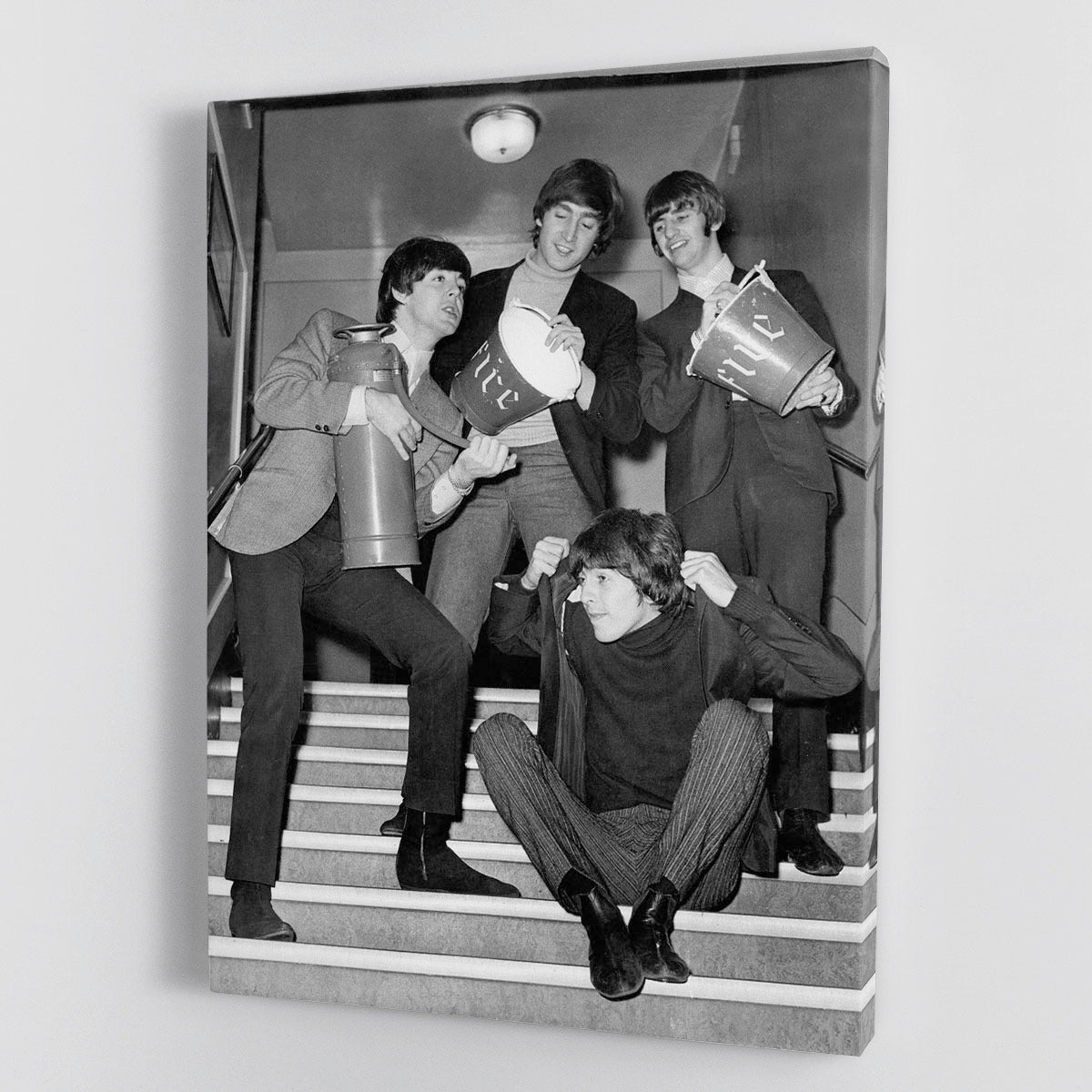 Canvas print or poster featuring The Beatles backstage at the Liverpool Empire, showcasing their iconic presence and style.