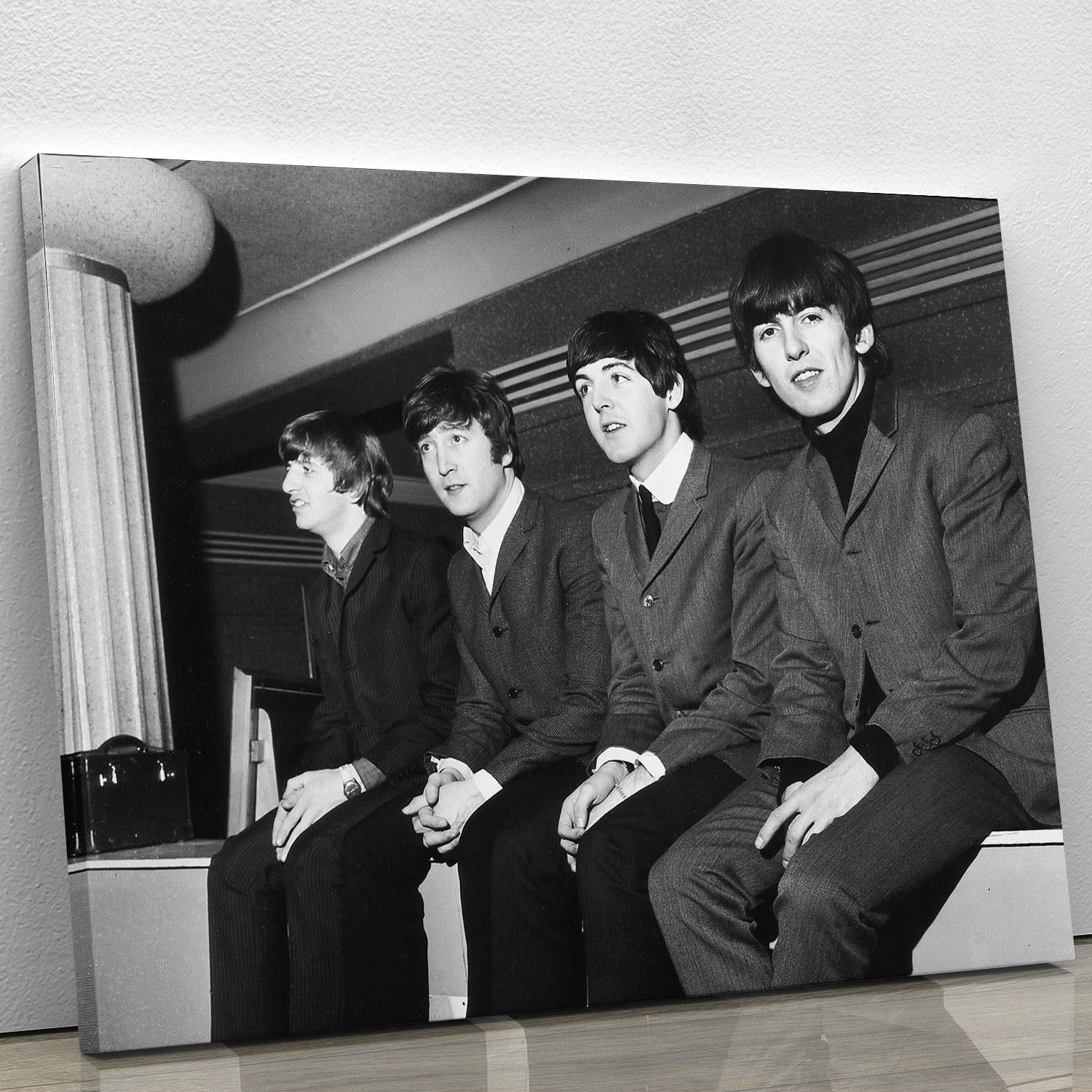 Canvas print of The Beatles backstage in Edinburgh, showcasing iconic band members in a vibrant and artistic style.