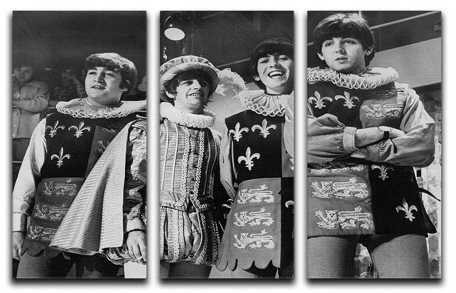The Beatles in Elizabethan costumes displayed on a 3-panel canvas art set, showcasing vibrant colors and intricate details.