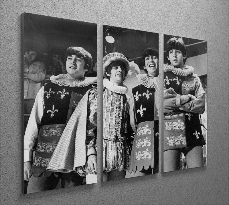 The Beatles in Elizabethan costumes displayed on a 3-panel canvas art set, showcasing vibrant colors and intricate details.