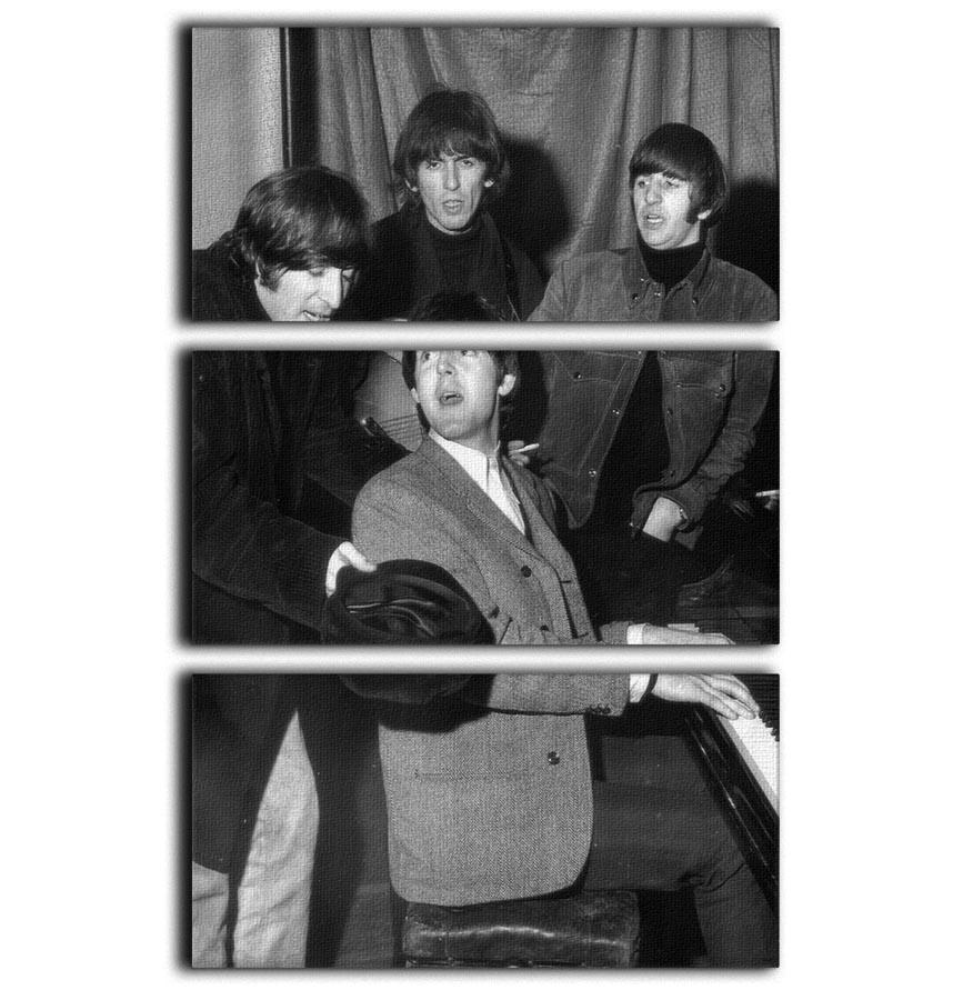 Three-panel canvas print featuring The Beatles gathered around a piano, showcasing vibrant colors and artistic design.