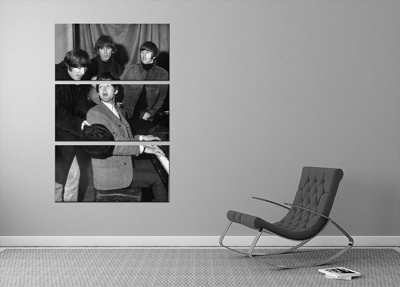 Three-panel canvas print featuring The Beatles gathered around a piano, showcasing vibrant colors and artistic design.
