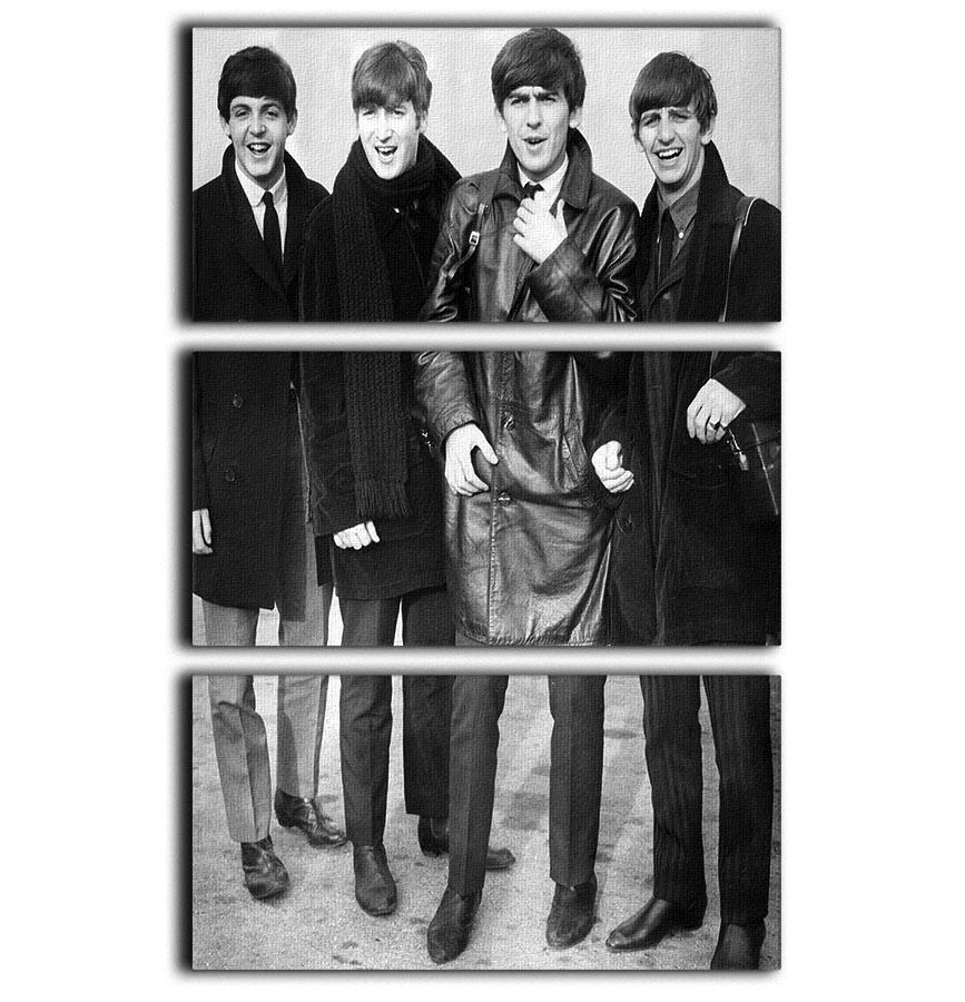 The Beatles in overcoats, 1963, displayed on a 3-panel canvas print, showcasing their iconic style.