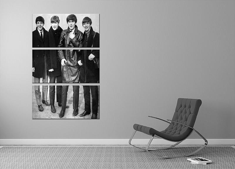 The Beatles in overcoats, 1963, displayed on a 3-panel canvas print, showcasing their iconic style.