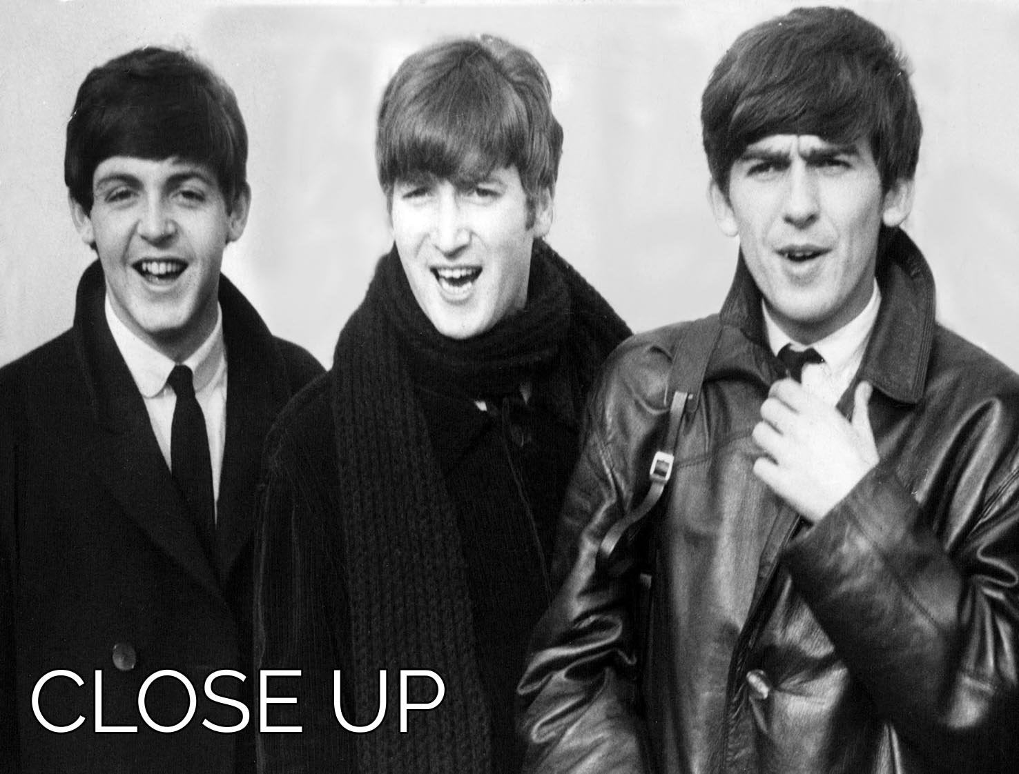 The Beatles in overcoats, 1963, displayed on a 3-panel canvas print, showcasing their iconic style.