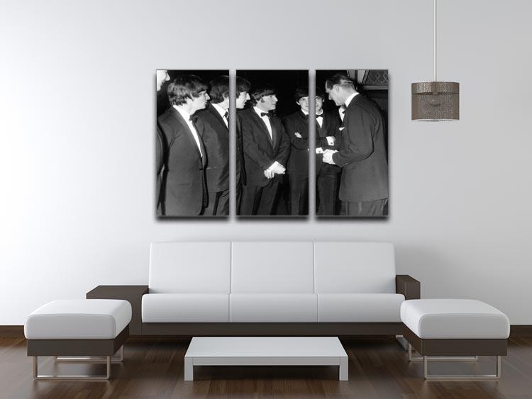 A captivating 3-panel canvas print featuring The Beatles and Prince Philip, showcasing vibrant colors and intricate details.