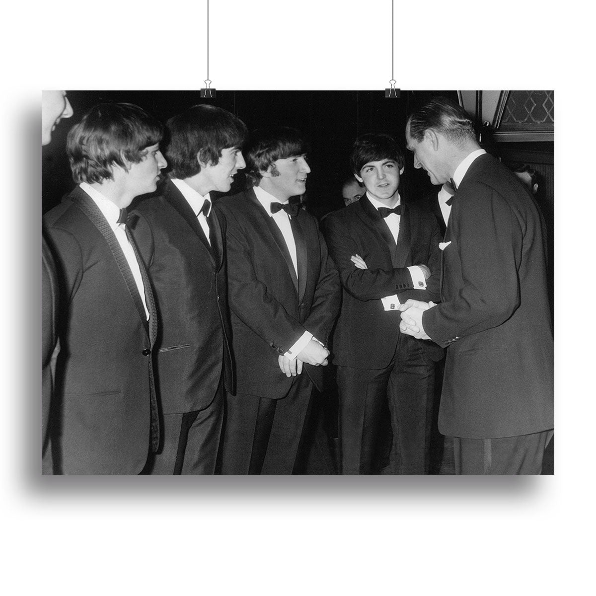 Canvas print featuring The Beatles and Prince Philip, showcasing vibrant colors and intricate details.