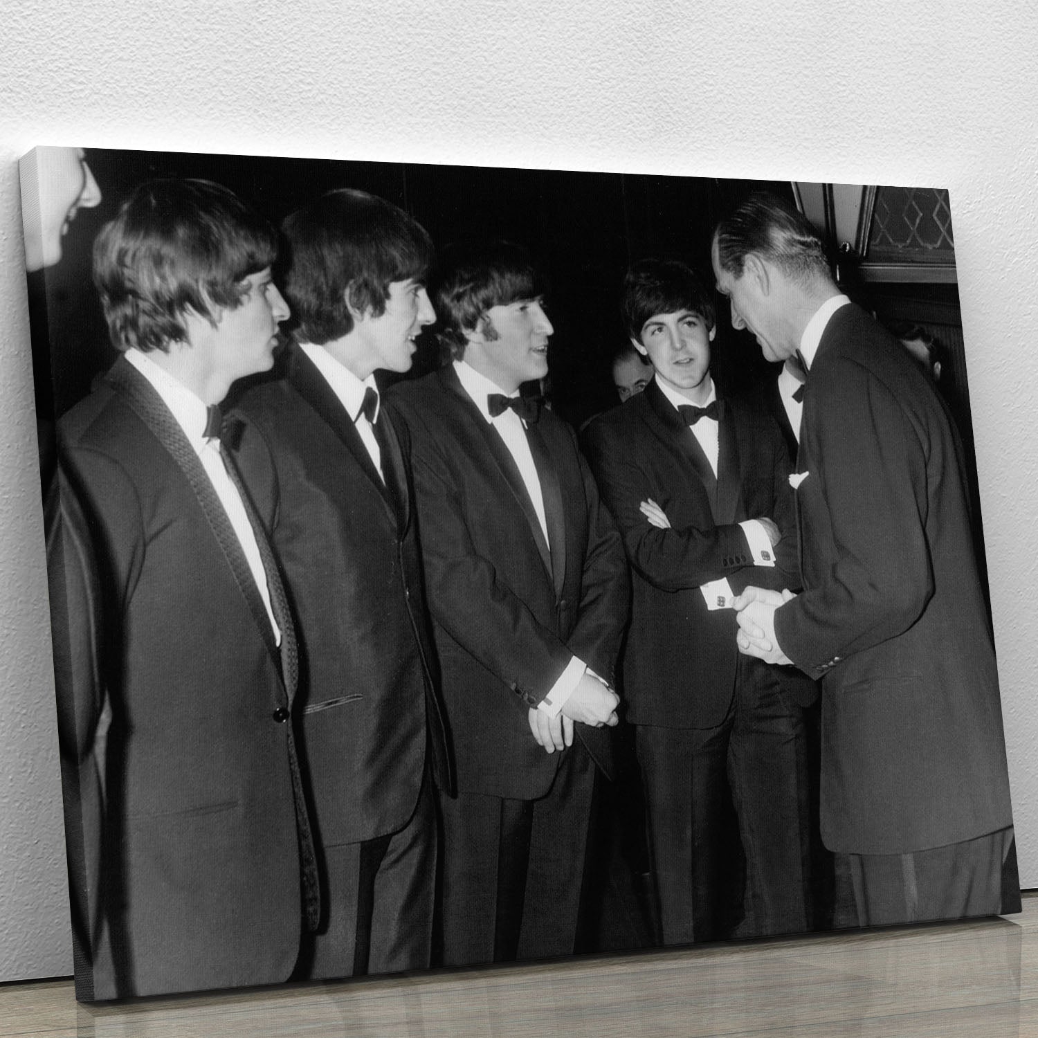 Canvas print featuring The Beatles and Prince Philip, showcasing vibrant colors and intricate details.