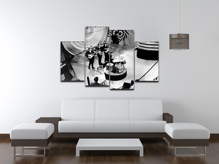 A 4-split canvas artwork featuring The Beatles performing on Top of the Pops, showcasing vibrant colors and dynamic imagery.