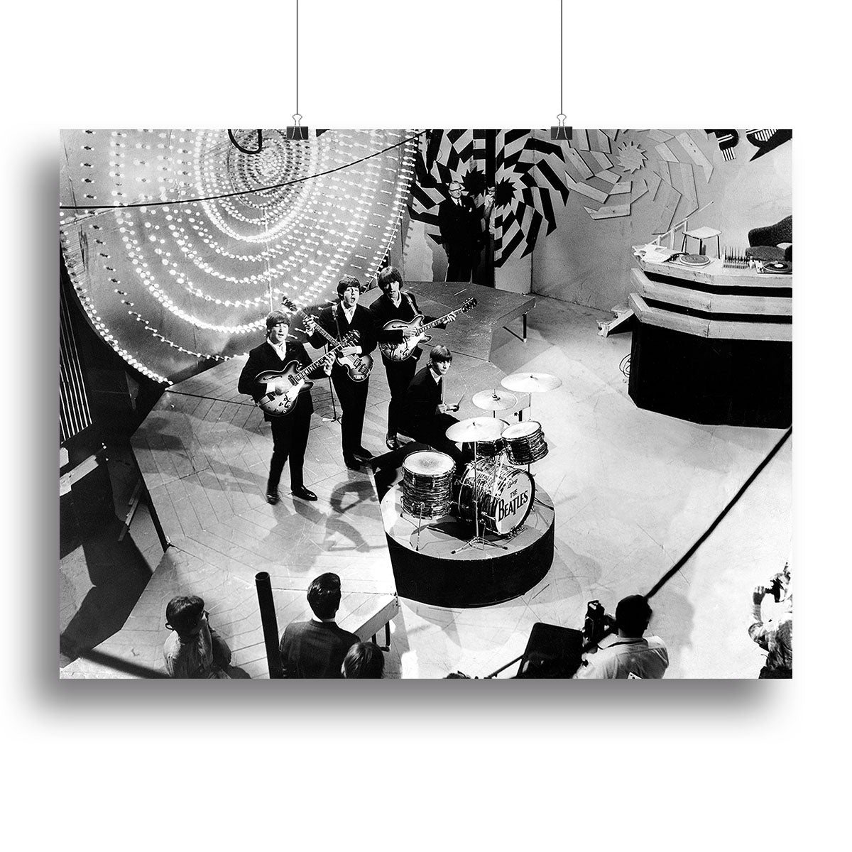 Canvas print or poster featuring The Beatles performing on Top of the Pops, showcasing vibrant colors and iconic imagery.