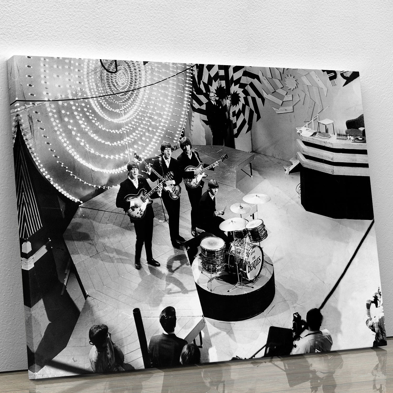 Canvas print or poster featuring The Beatles performing on Top of the Pops, showcasing vibrant colors and iconic imagery.