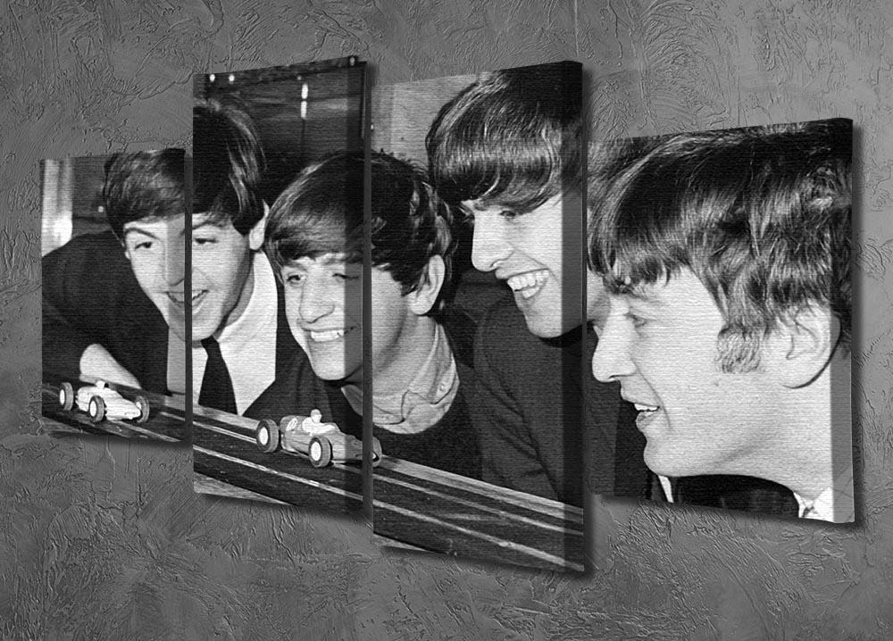 A vibrant 4-split canvas artwork featuring The Beatles playing with toy racing cars, showcasing their playful spirit.