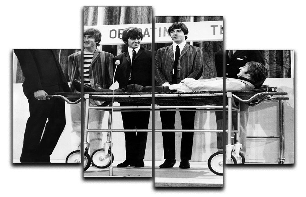 A vibrant 4-split canvas artwork featuring The Beatles with Mike and Bernie Winters, showcasing iconic imagery in a dynamic arrangement.