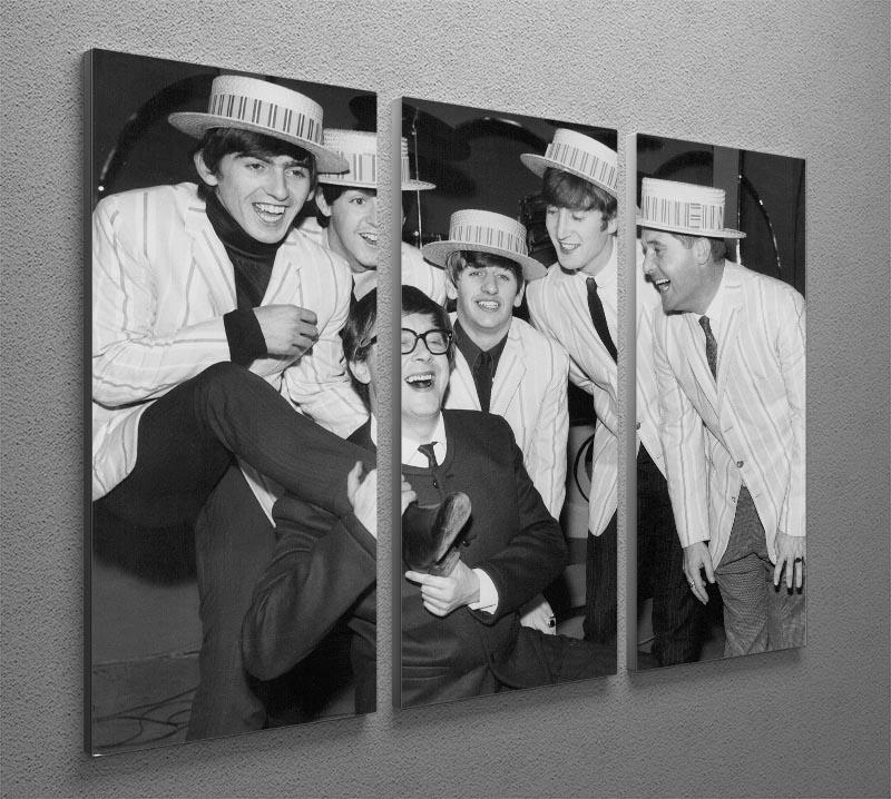 Three-panel canvas print featuring The Beatles with Morecambe and Wise, showcasing vibrant colors and intricate details.