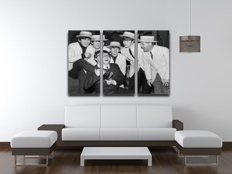 Three-panel canvas print featuring The Beatles with Morecambe and Wise, showcasing vibrant colors and intricate details.