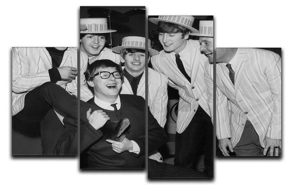 A vibrant 4-split canvas artwork featuring The Beatles and Morecambe and Wise, showcasing iconic imagery in four separate panels.
