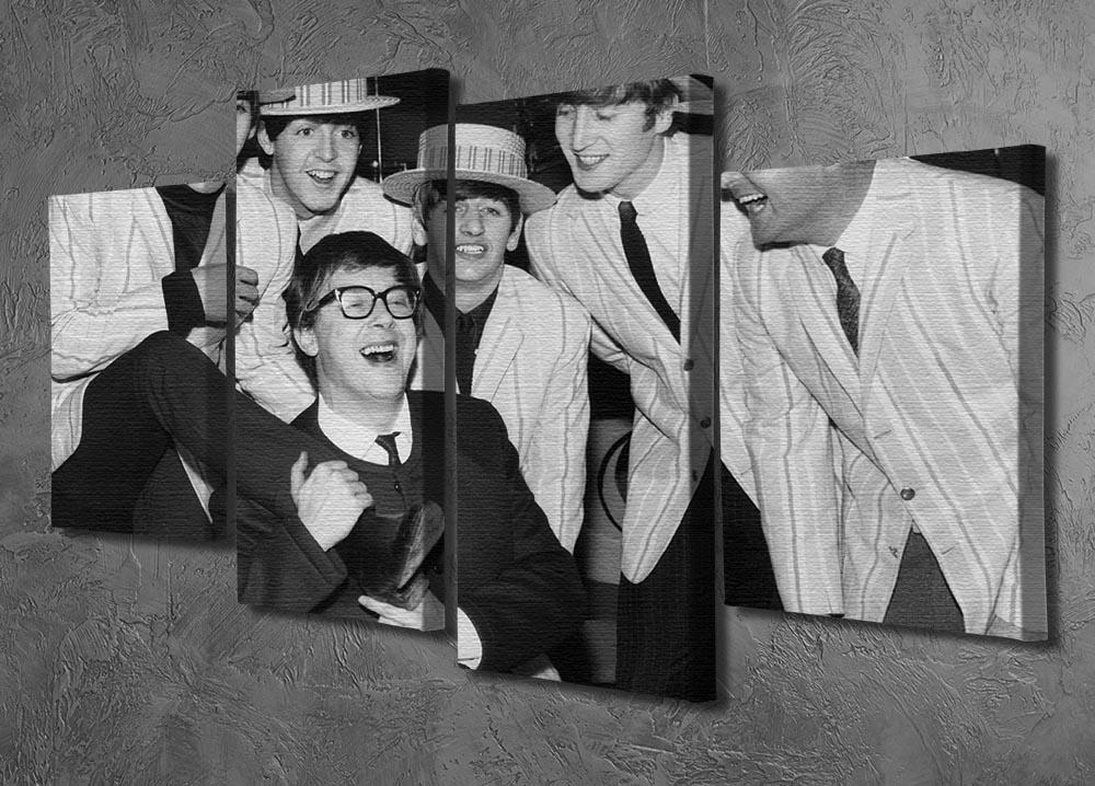 A vibrant 4-split canvas artwork featuring The Beatles and Morecambe and Wise, showcasing iconic imagery in four separate panels.