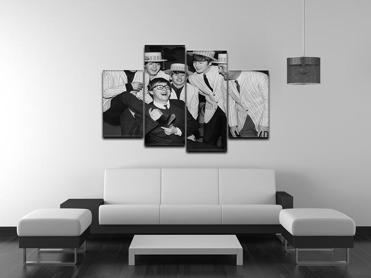 A vibrant 4-split canvas artwork featuring The Beatles and Morecambe and Wise, showcasing iconic imagery in four separate panels.