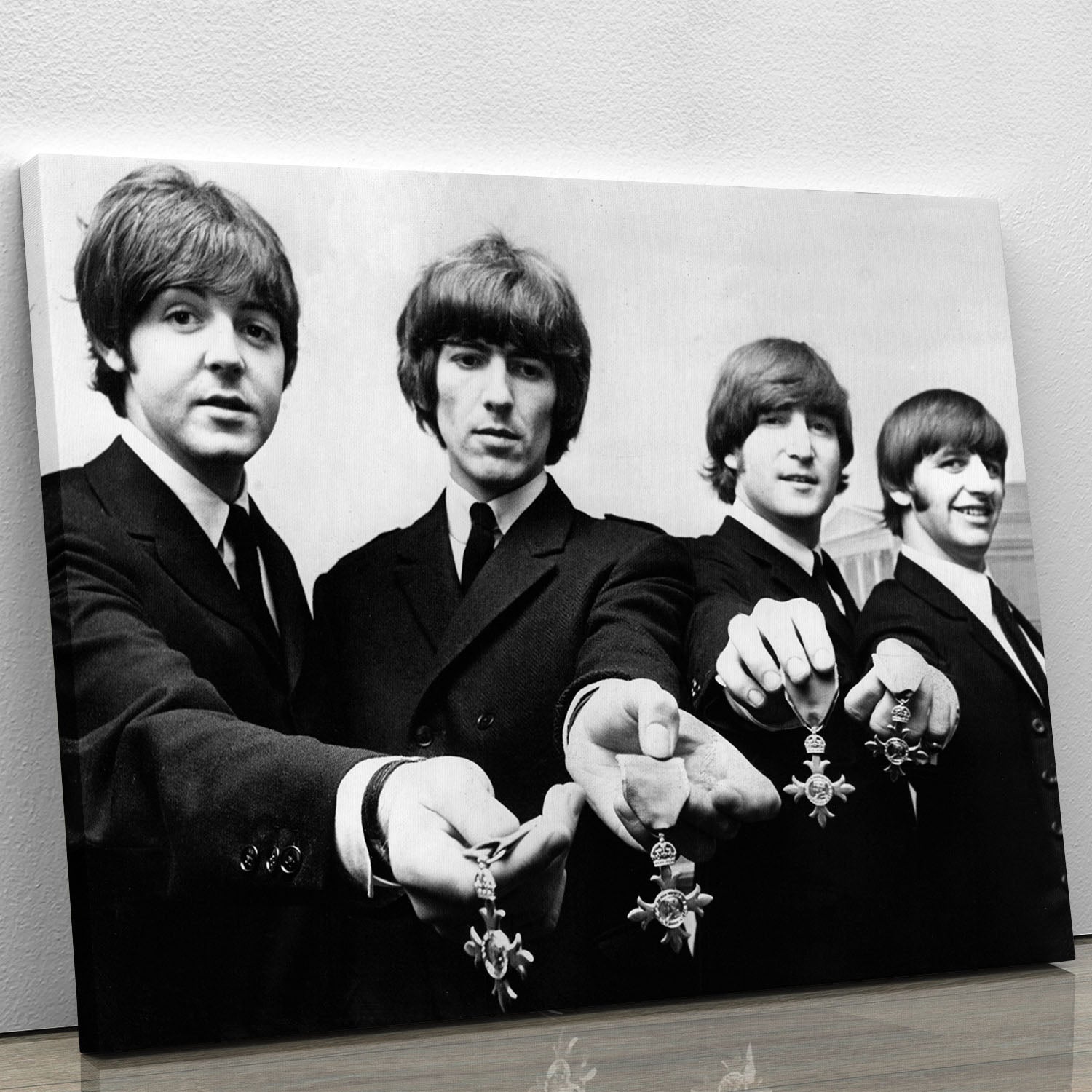 Canvas print or poster featuring The Beatles with their MBEs, showcasing vibrant colors and iconic imagery.