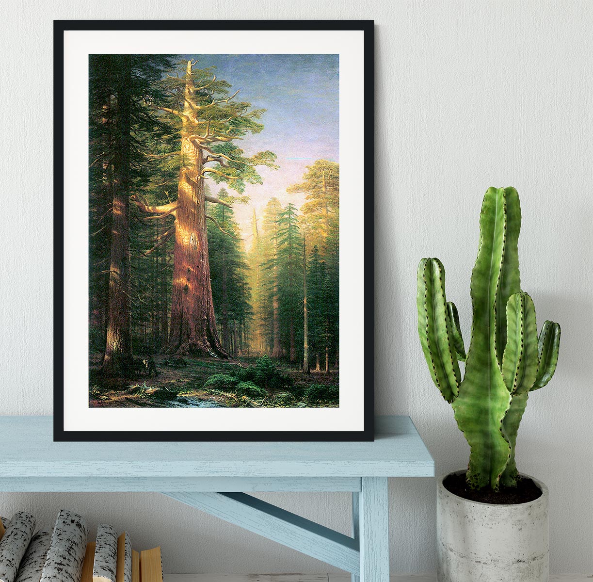 Framed print of Mariposa Grove's big trees by Bierstadt, showcasing vibrant colors and intricate details.