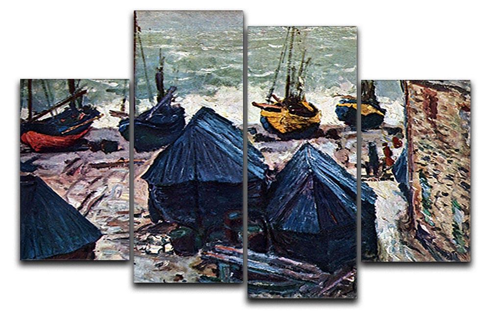 A 4-split canvas artwork featuring Monet's The Boats, showcasing serene water scenes with boats in vibrant colors.